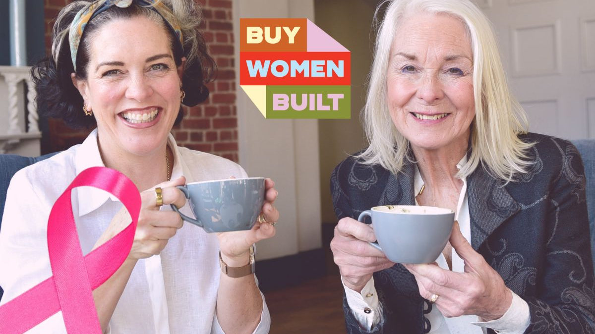 Founder Katherine and her Mother pictured sharing a drink and smiling