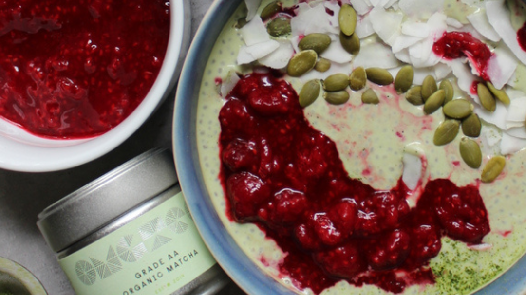 Raspberry and Coconut Creamy Matcha Chia Pudding