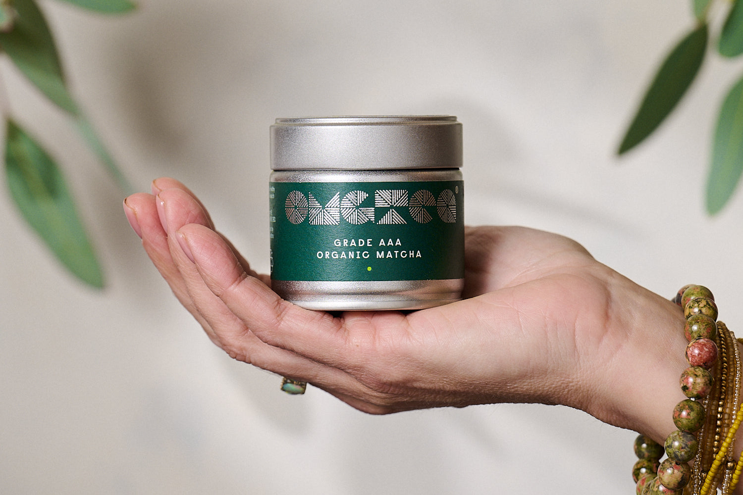 OMGTea matcha tea tin being held in hand