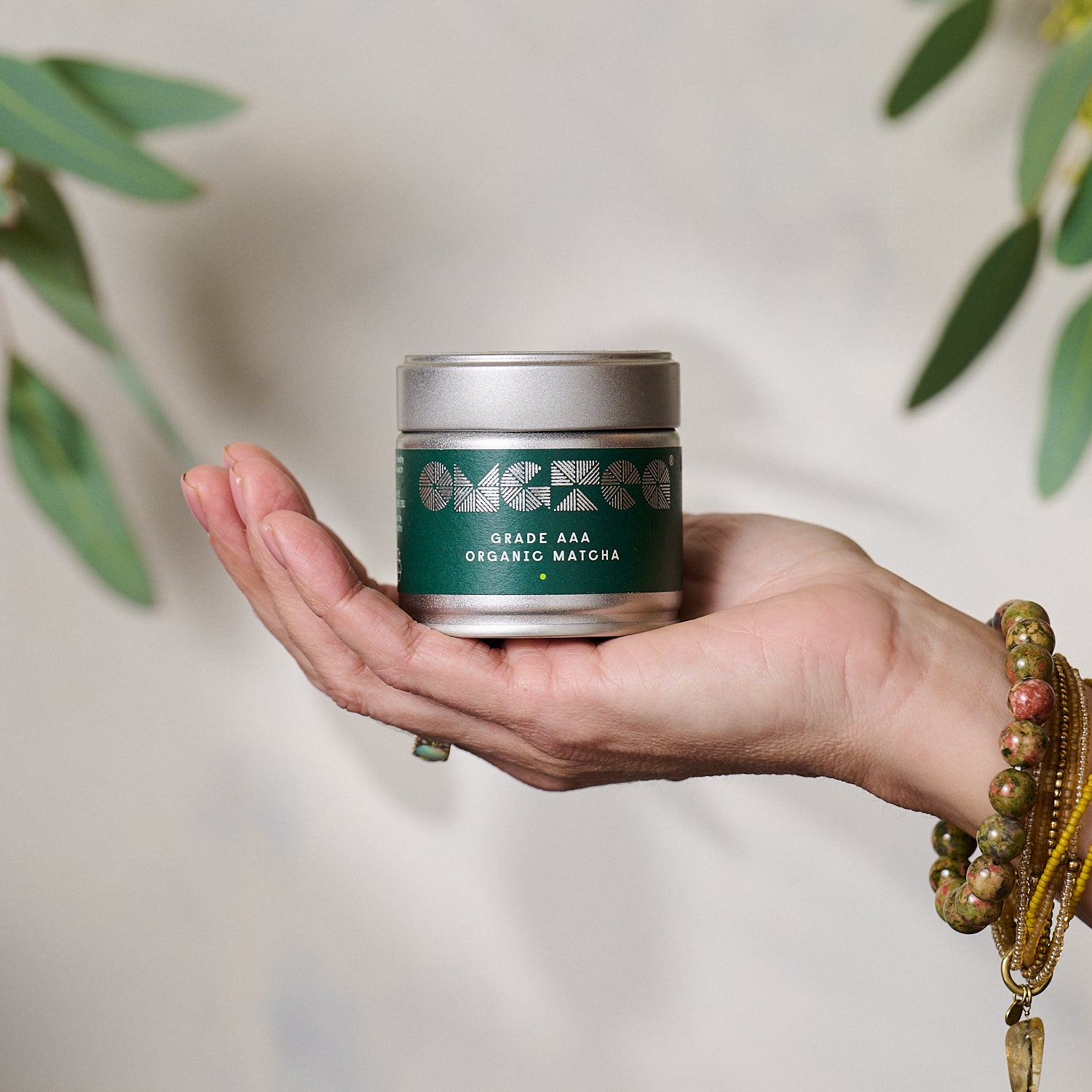 OMGTea matcha tea tin being held in hand