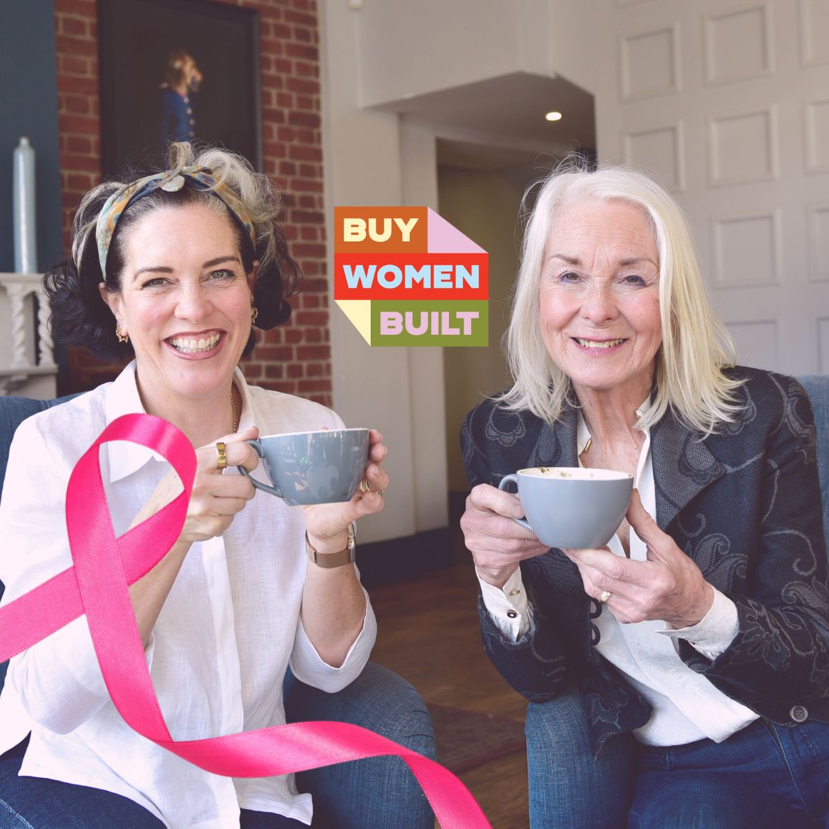Founder Katherine and her Mother pictured sharing a drink and smiling