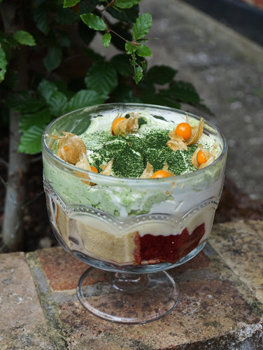 matcha trifle in glass bowl