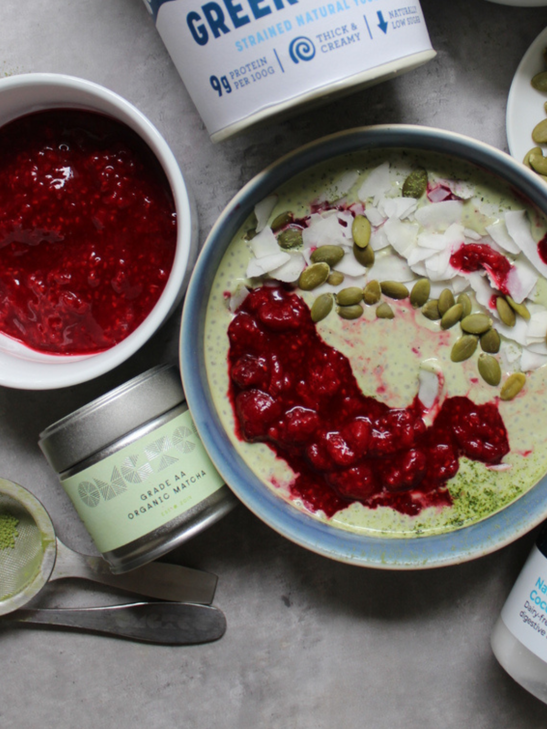 Raspberry and Coconut Creamy Matcha Chia Pudding 