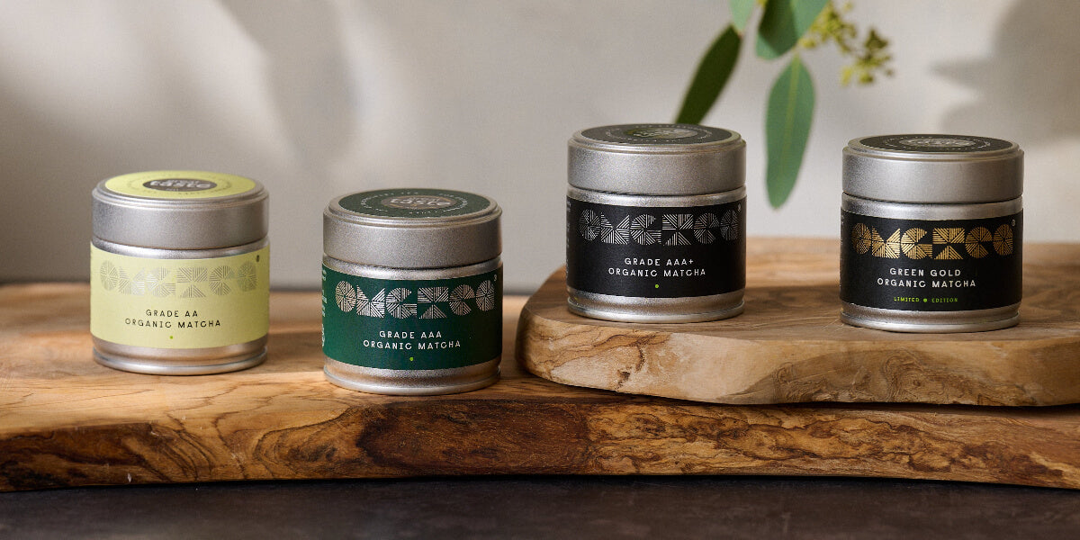 matcha tea tins of different grades