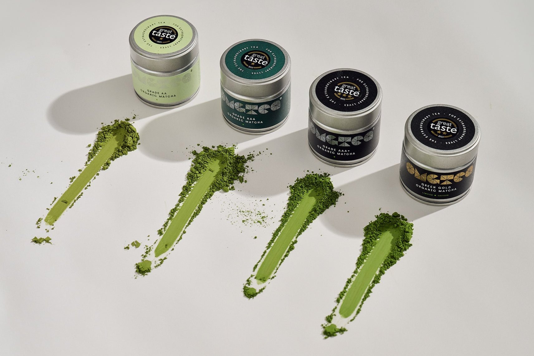 Matcha tea tins and matcha powder showing different grades