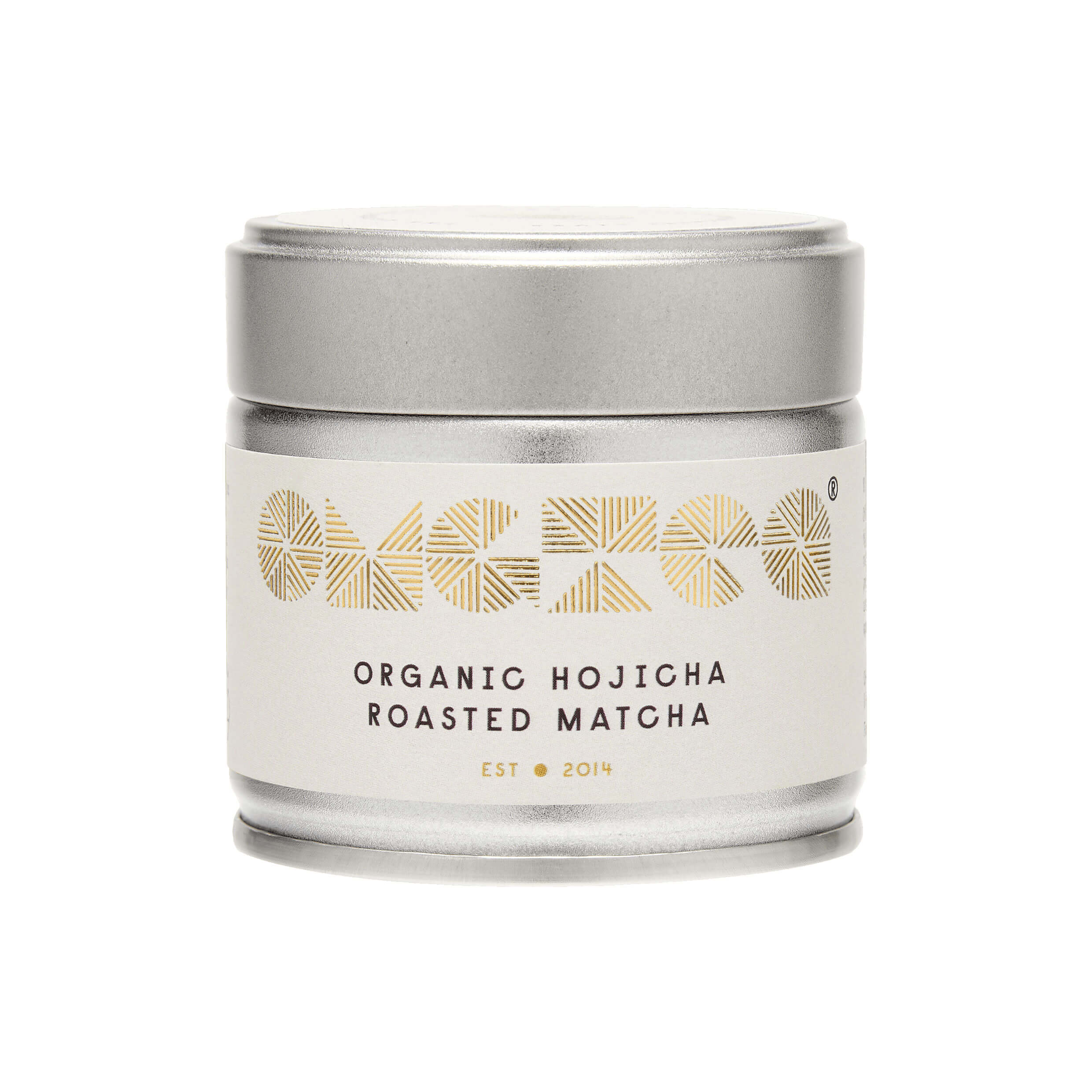 Hojicha roasted matcha with a silver lid on a black background by OMGTea