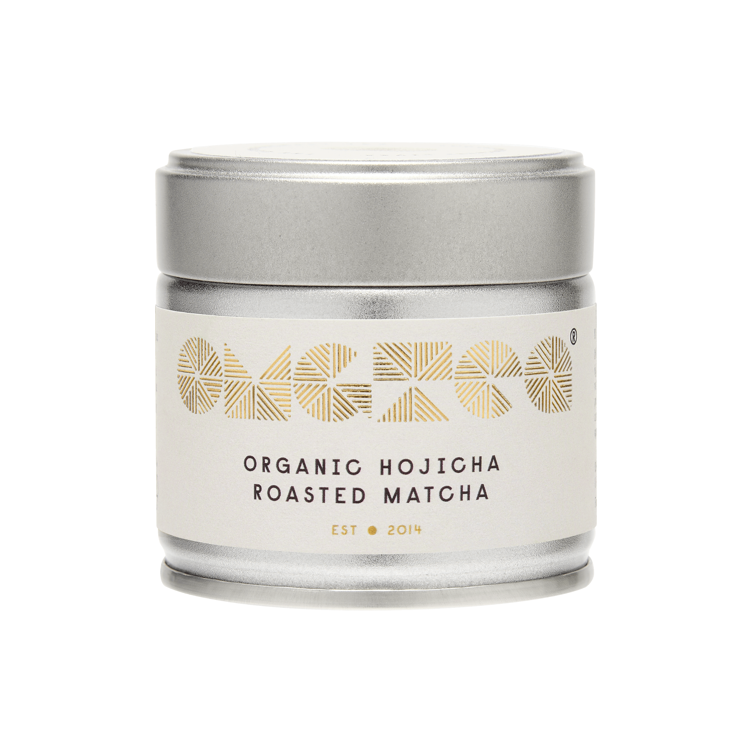 Hojicha roasted matcha with a silver lid on a black background by OMGTea